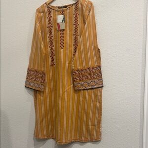Striped Embroidered Long Sleeve Dress - Mustard